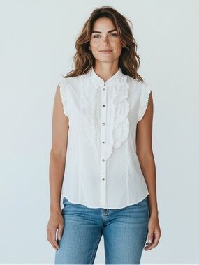 ANTONIO MELANI White Sleeveless Ruffle-Front Button Silk Blouse